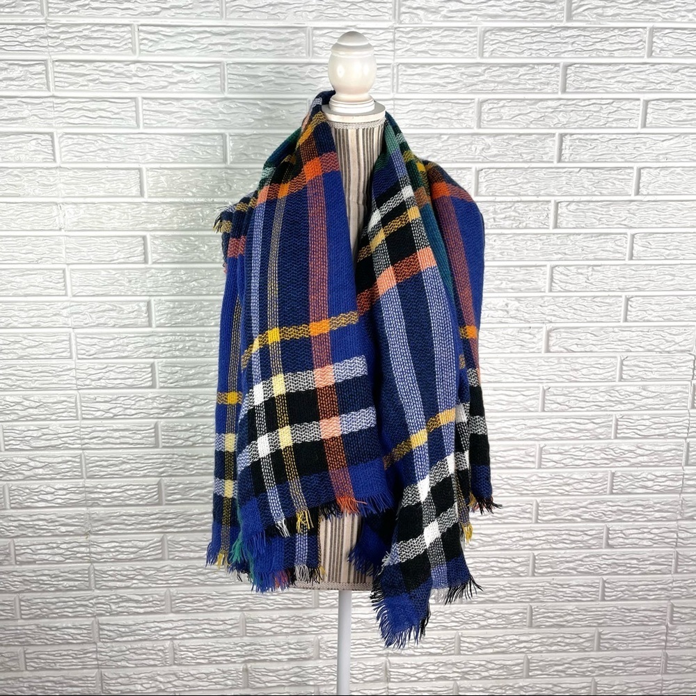 Multicolored Plaid Flannel Shawl Scarf with Fringe Blue Yellow Black Orange - Picture 5 of 6